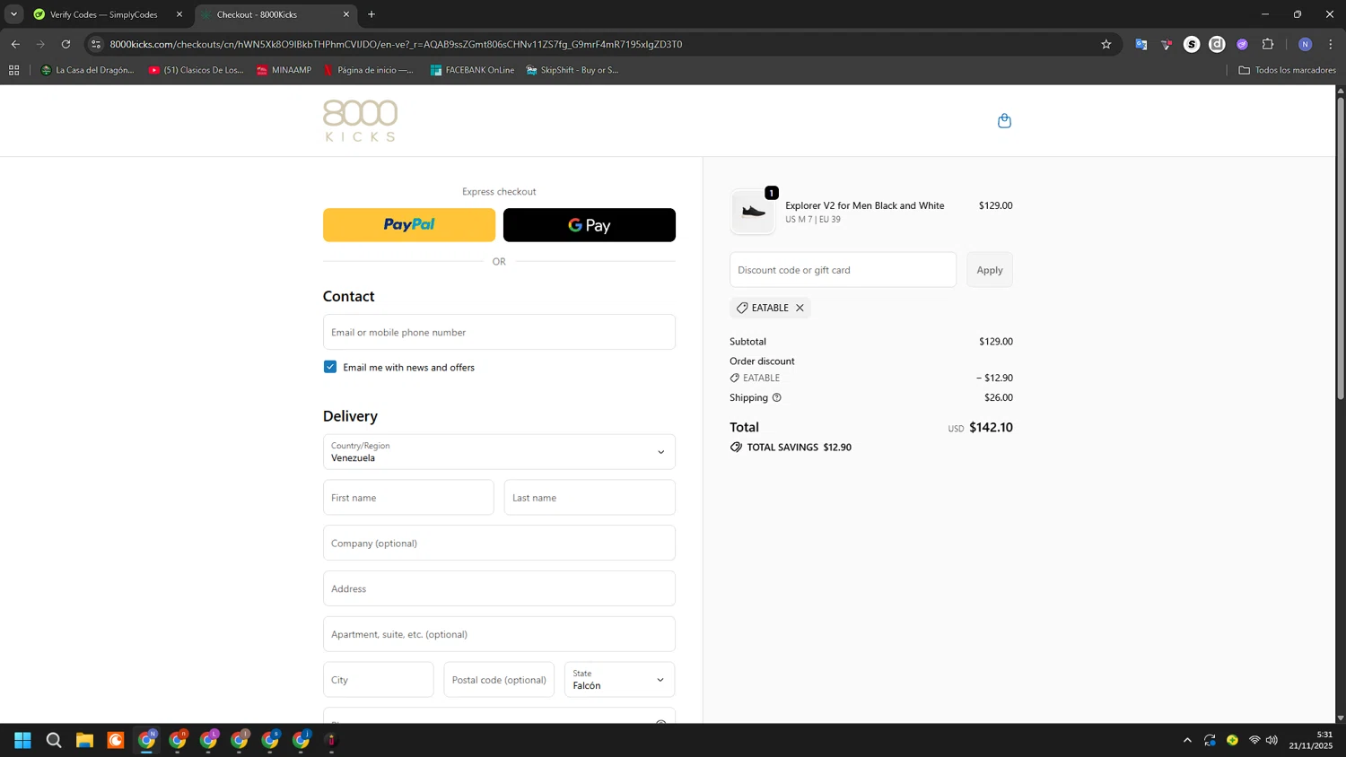8000Kicks discount code screenshot showing code eatable applied at 8000Kicks checkout page. Uploaded by SimplyCodes community member RoyalGuardian2978 on Nov 21, 2025