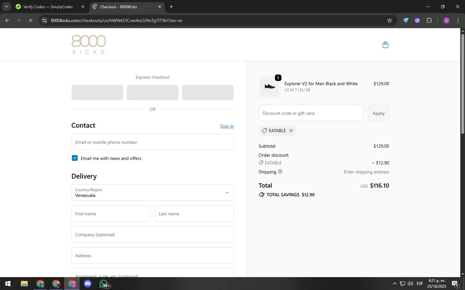 8000Kicks discount code screenshot showing code eatable applied at 8000Kicks checkout page. Uploaded by SimplyCodes community member youngchecker on Oct 23, 2025
