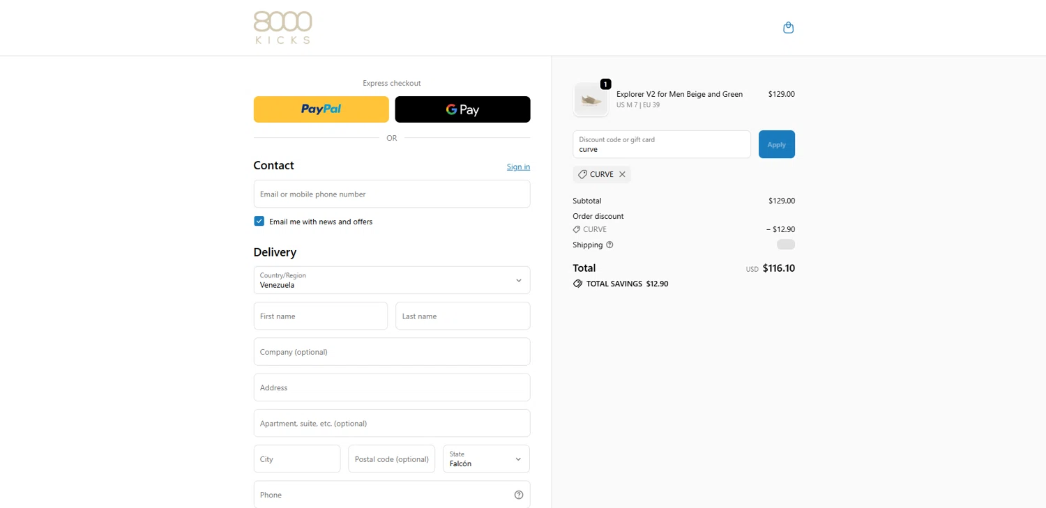 8000Kicks discount code screenshot showing code curve applied at 8000Kicks checkout page. Uploaded by SimplyCodes community member Elosox1 on Oct 23, 2025