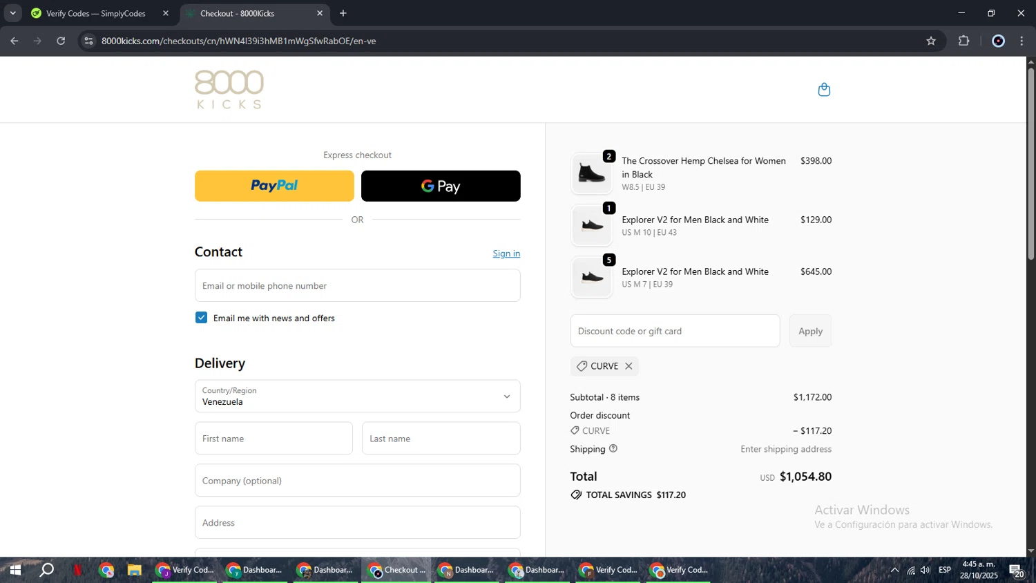 8000Kicks discount code screenshot showing code curve applied at 8000Kicks checkout page. Uploaded by SimplyCodes community member RoyalBoss4384 on Oct 28, 2025