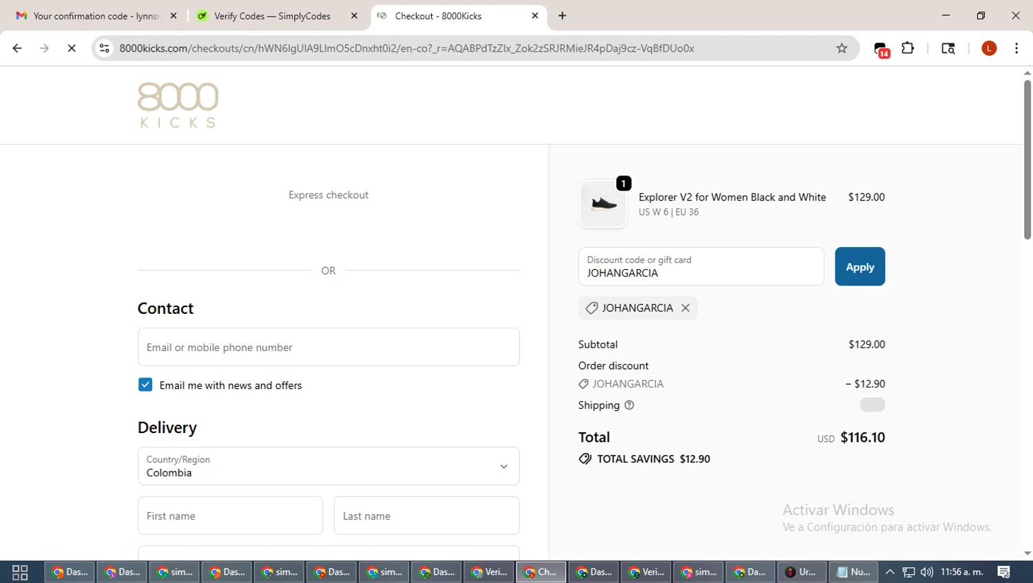 8000Kicks discount code screenshot showing code JOHANGARCIA applied at 8000Kicks checkout page. Uploaded by SimplyCodes community member BonusHero9692 on Dec 23, 2025