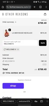 WELCOME10 coupon verification screenshot