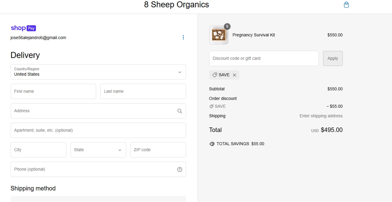 where to use 8 Sheep Organics promo code box