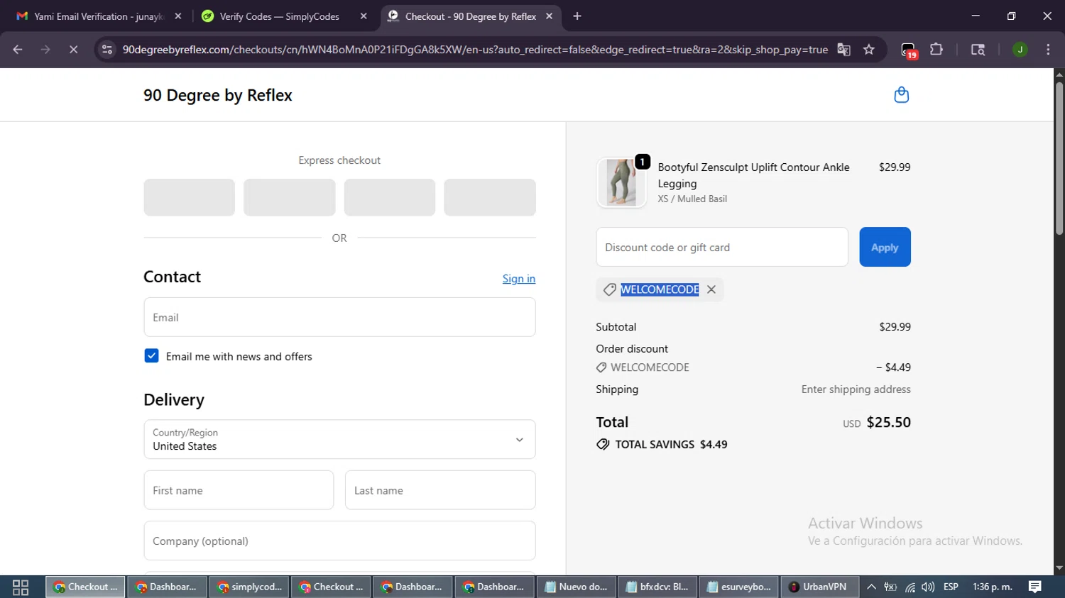90 Degree by Reflex coupon code screenshot showing code WELCOMECODE applied at 90 Degree by Reflex checkout page. Uploaded by SimplyCodes community member SmartLion6646 on Oct 16, 2025