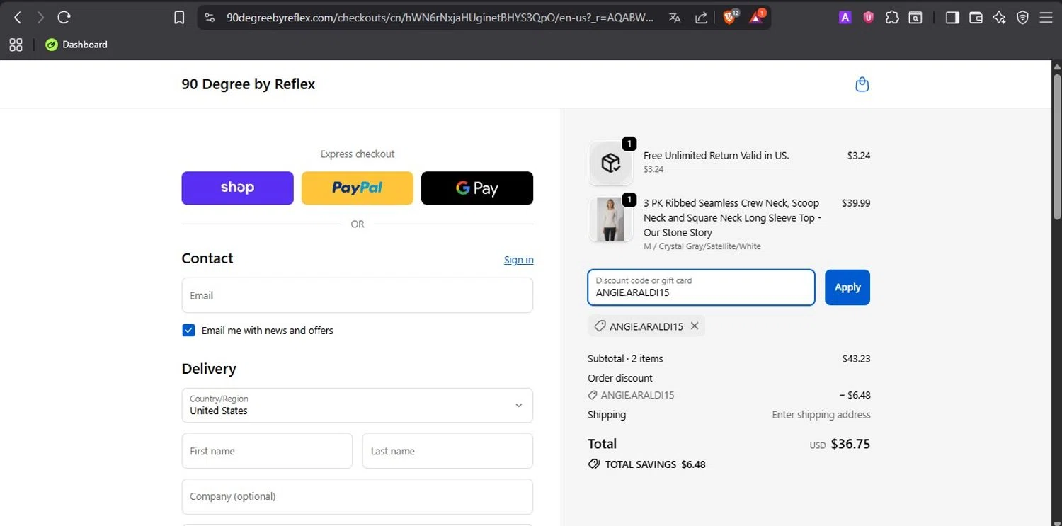 90 Degree by Reflex coupon code screenshot showing code ANGIE.ARALDI15 applied at 90 Degree by Reflex checkout page. Uploaded by SimplyCodes community member ROCKSORD_2 on Dec 26, 2025