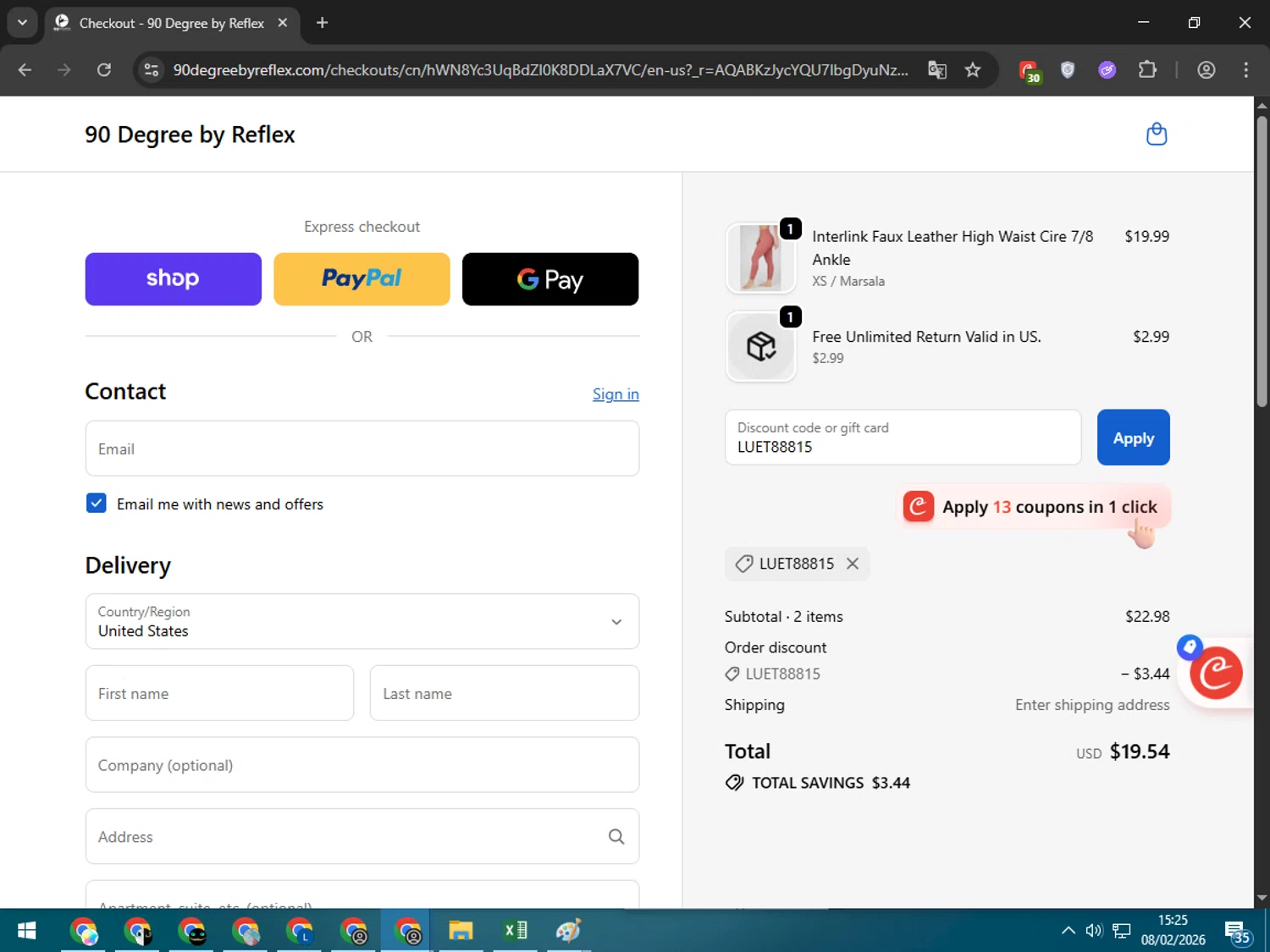 90 Degree by Reflex coupon code screenshot showing code LUET88815 applied at 90 Degree by Reflex checkout page. Uploaded by SimplyCodes community member Estrellitacoairis on Feb 8, 2026