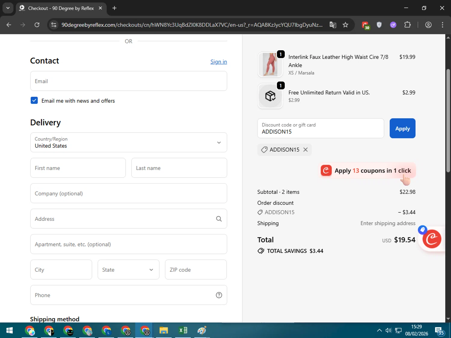 90 Degree by Reflex coupon code screenshot showing code ADDISON15 applied at 90 Degree by Reflex checkout page. Uploaded by SimplyCodes community member Estrellitacoairis on Feb 8, 2026