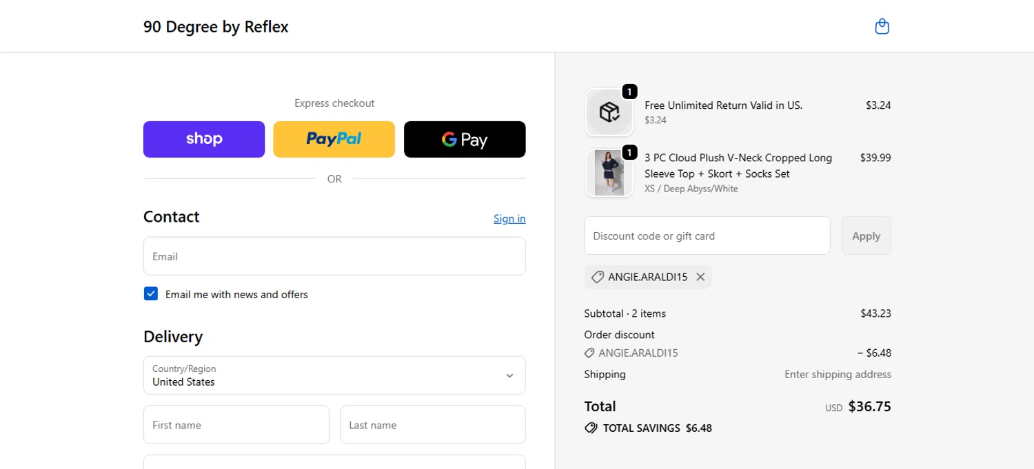 90 Degree by Reflex coupon code screenshot showing code ANGIE.ARALDI15 applied at 90 Degree by Reflex checkout page. Uploaded by SimplyCodes community member bettercallkim on Dec 26, 2025