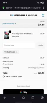 9/11 Memorial Store coupon verification screenshot