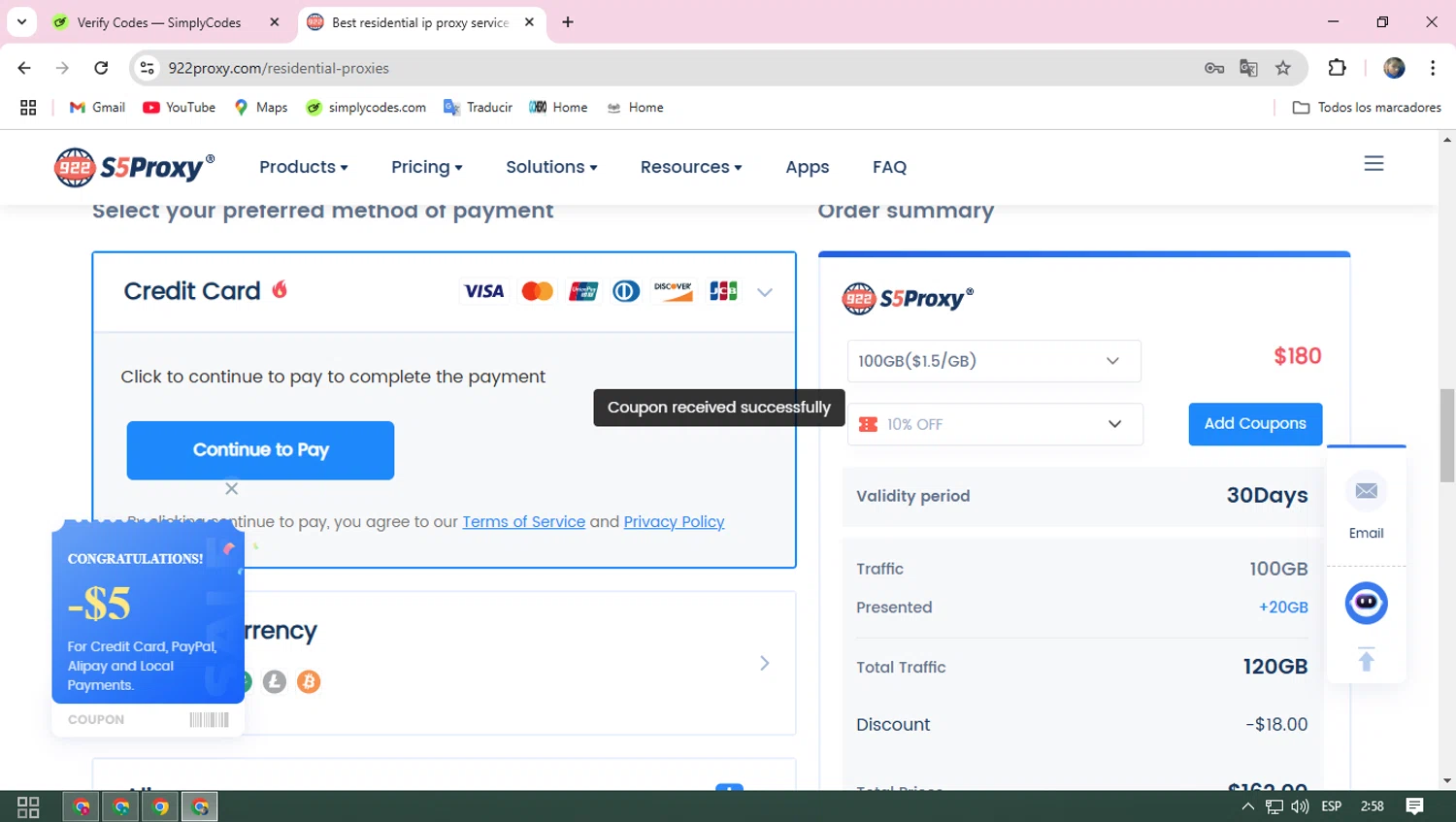 922S5 promo code screenshot showing code 922PROXY202501GB applied at 922S5 checkout page. Uploaded by SimplyCodes community member ELROJO on Mar 14, 2025
