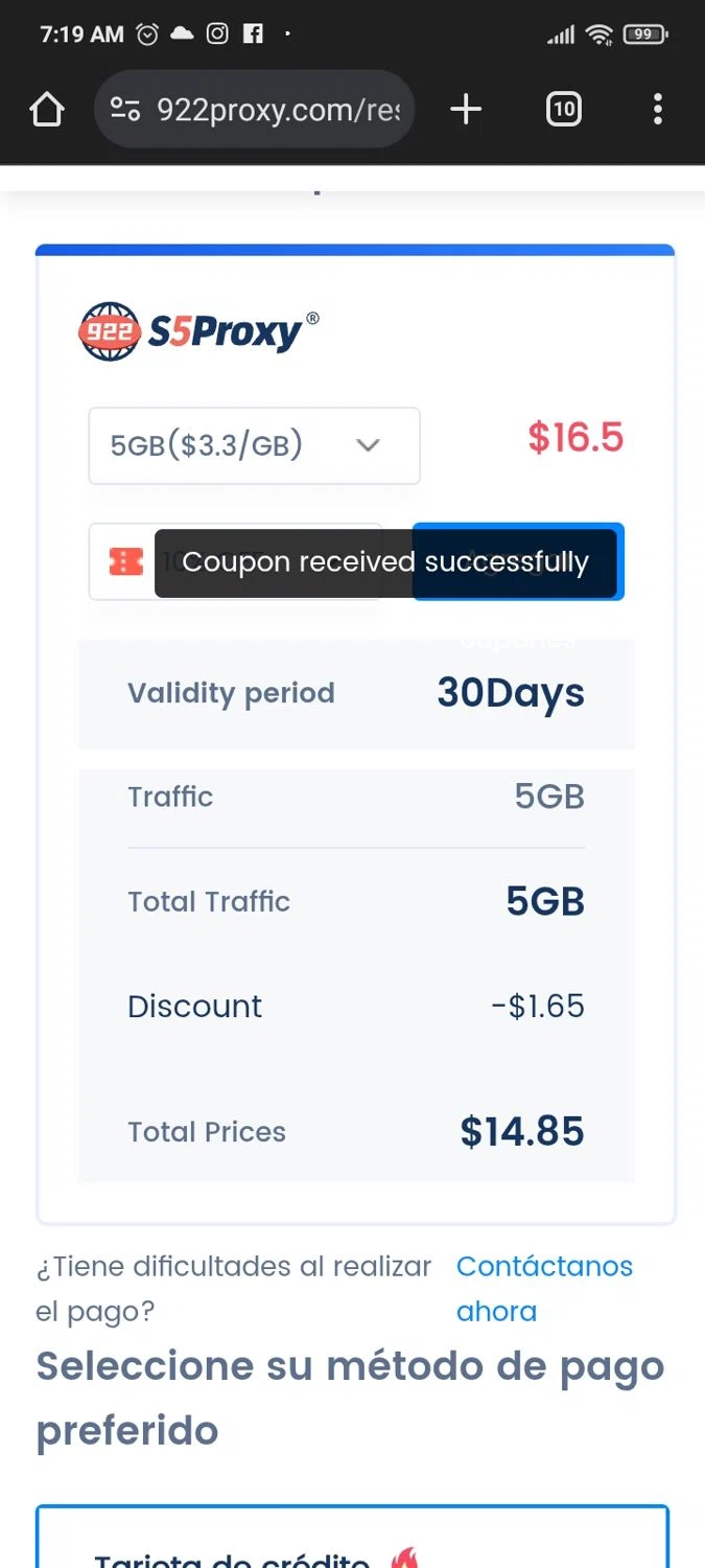 922S5 promo code screenshot showing code 922PROXY202501GB applied at 922S5 checkout page. Uploaded by SimplyCodes community member PromoMaven605 on Apr 12, 2025
