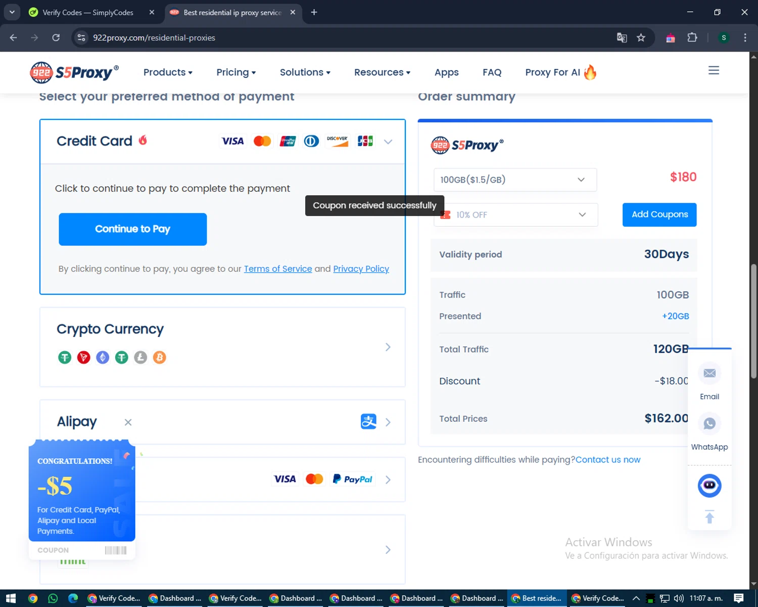 922S5 promo code screenshot showing code 922PROXY202501GB applied at 922S5 checkout page. Uploaded by SimplyCodes community member lilMosey on Apr 25, 2025