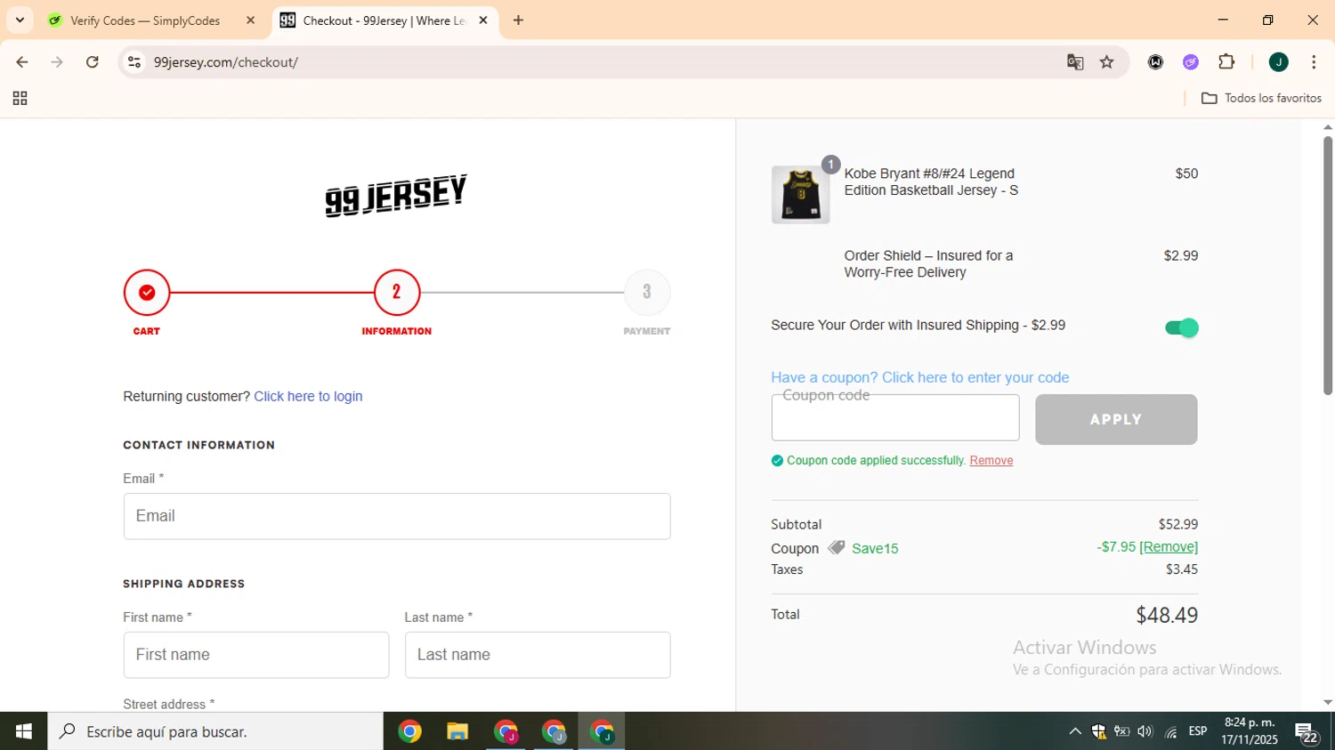 99Jersey promo code screenshot showing code SAVE15 applied at 99Jersey checkout page. Uploaded by SimplyCodes community member CrownOwl1879 on Nov 18, 2025