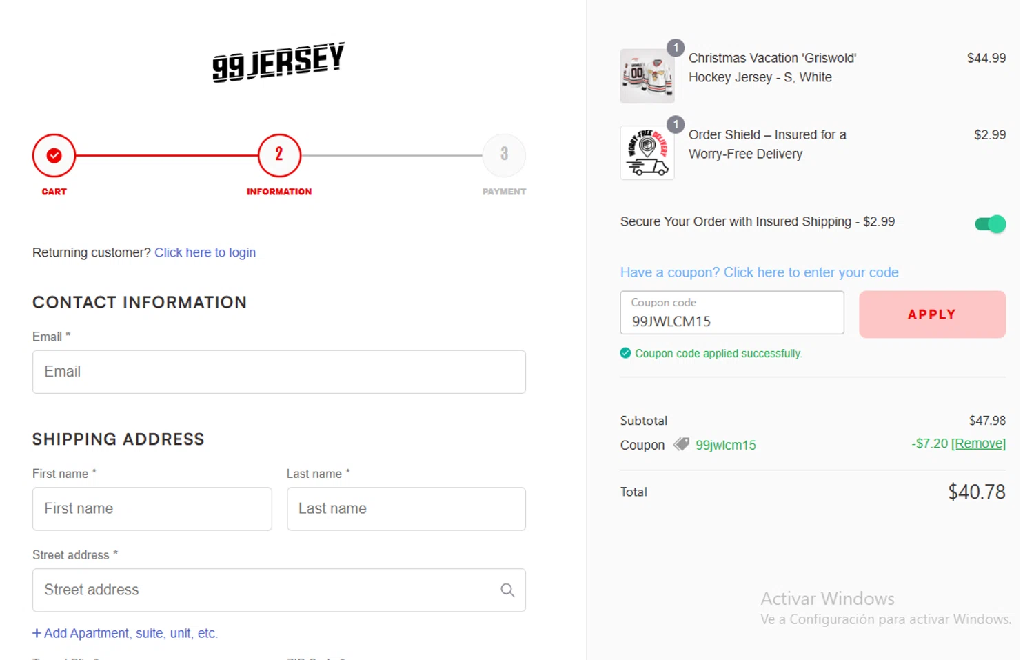 99Jersey promo code screenshot showing code 99JWLCM15 applied at 99Jersey checkout page. Uploaded by SimplyCodes community member Gary_23 on Jun 29, 2025