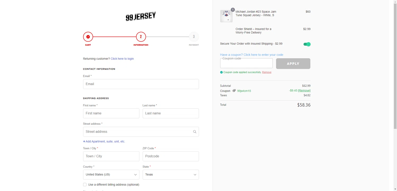 99Jersey promo code screenshot showing code 99JWLCM15 applied at 99Jersey checkout page. Uploaded by SimplyCodes community member PromoAdmiral6652 on Dec 15, 2025