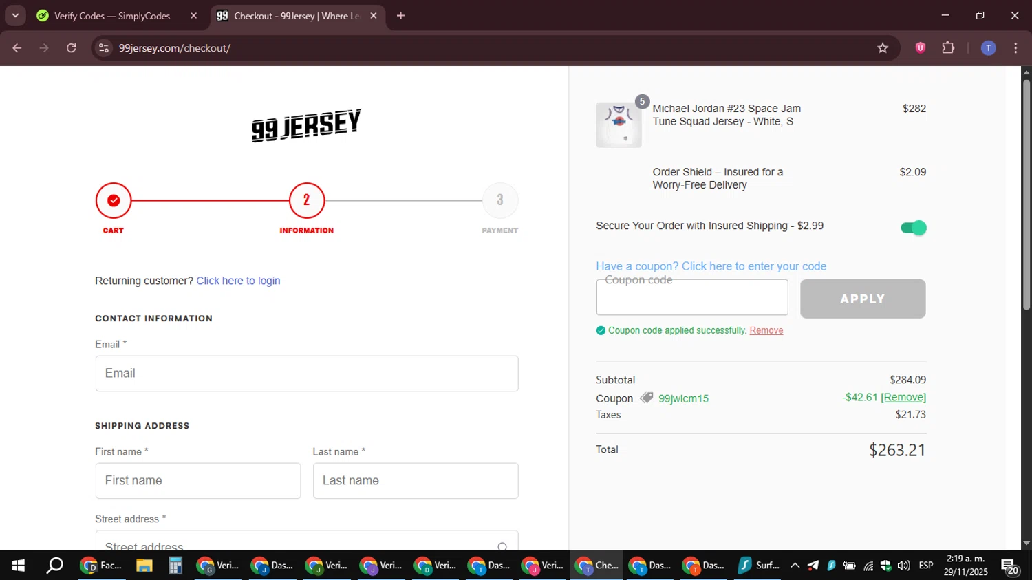 99Jersey promo code screenshot showing code 99JWLCM15 applied at 99Jersey checkout page. Uploaded by SimplyCodes community member snidertom8 on Nov 29, 2025