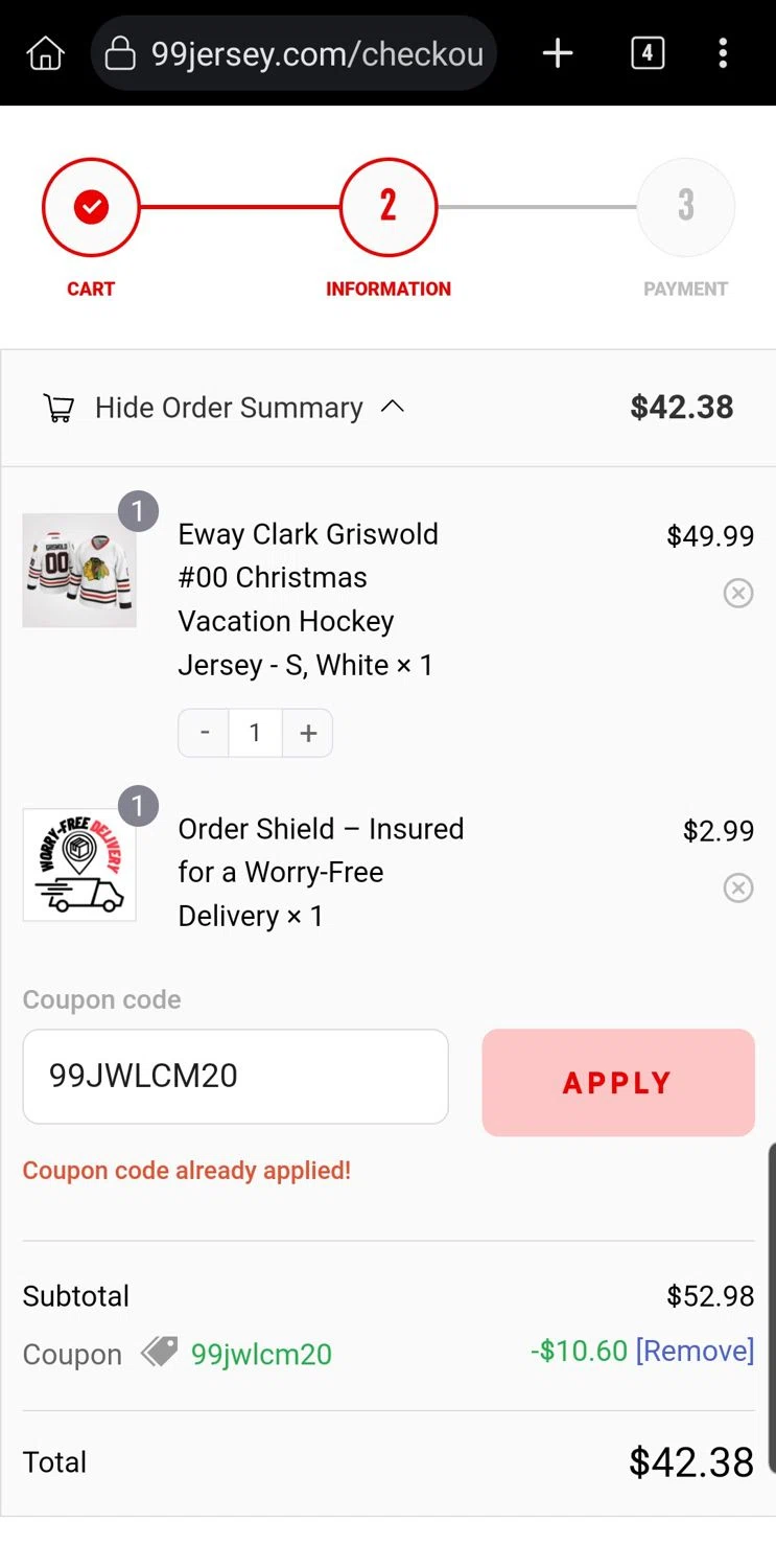 99Jersey promo code screenshot showing code 99JWLCM20 applied at 99Jersey checkout page. Uploaded by SimplyCodes community member Carloslvz on Jun 29, 2025