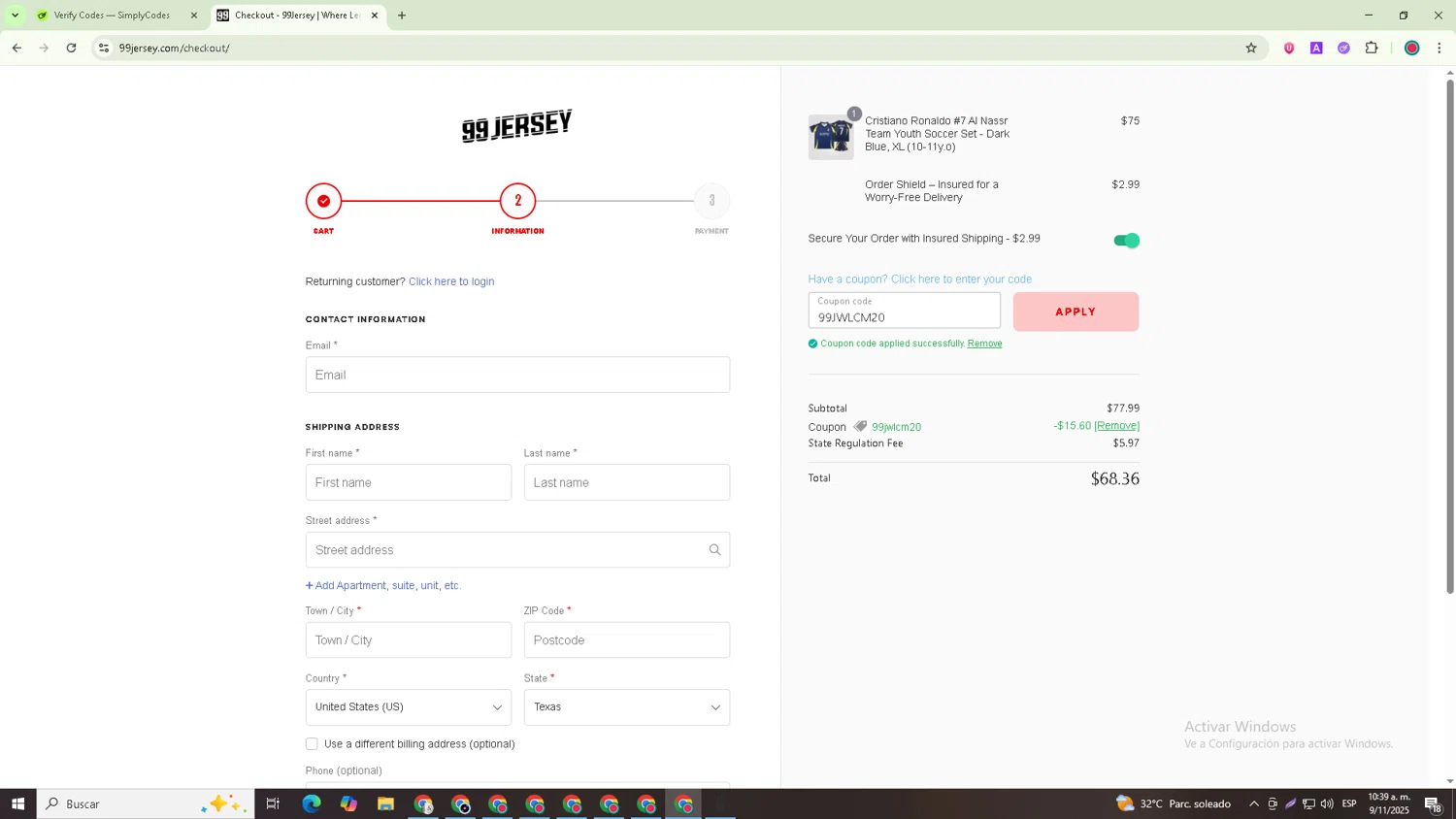 99Jersey promo code screenshot showing code 99JWLCM20 applied at 99Jersey checkout page. Uploaded by SimplyCodes community member David_Garcia on Nov 9, 2025