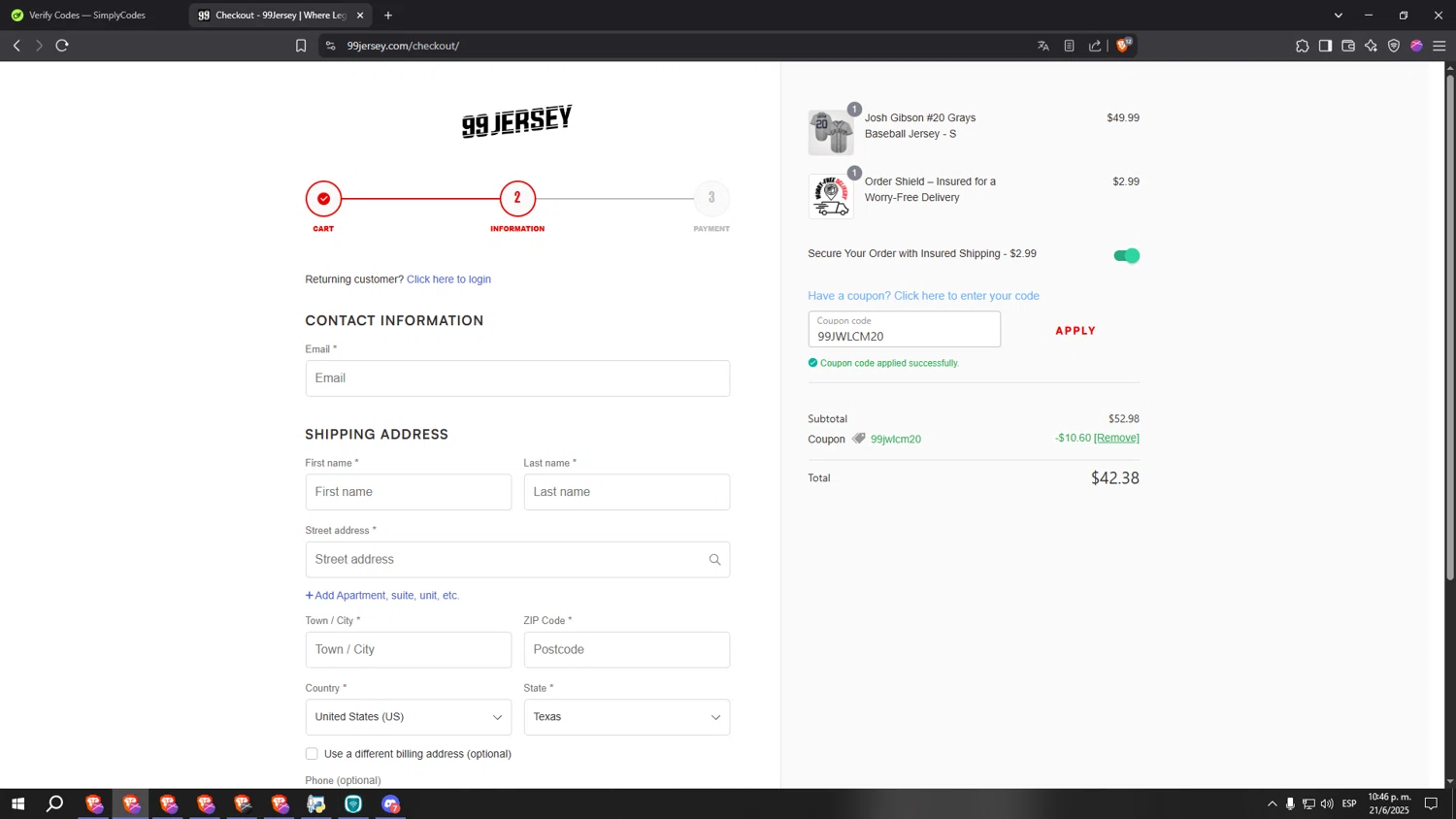 99Jersey promo code screenshot showing code 99JWLCM20 applied at 99Jersey checkout page. Uploaded by SimplyCodes community member aaaaaaaaaaaaaaaa on Jun 22, 2025