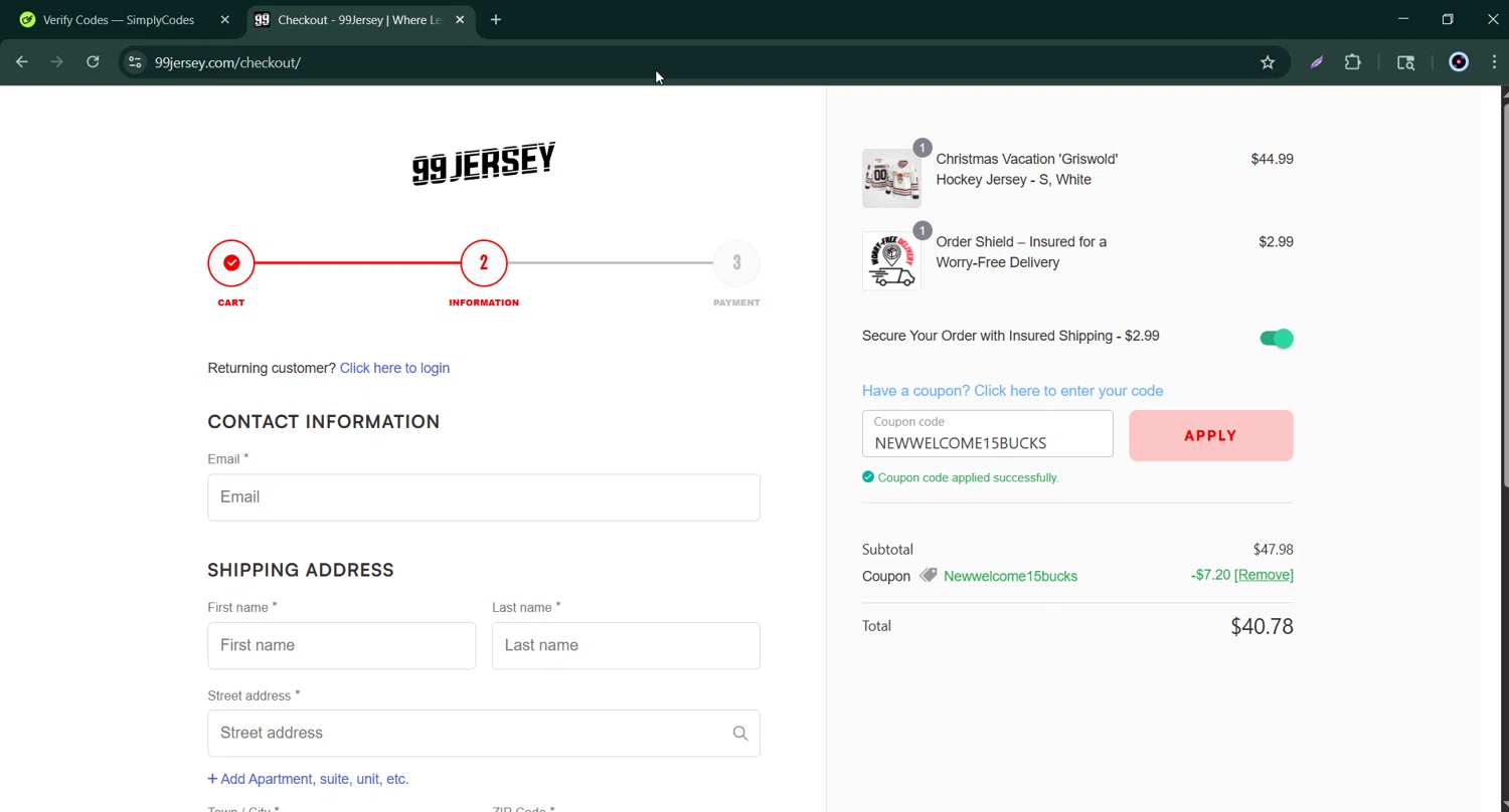 99Jersey promo code screenshot showing code NEWWELCOME15BUCKS applied at 99Jersey checkout page. Uploaded by SimplyCodes community member Bernard_Lowe on Jun 29, 2025