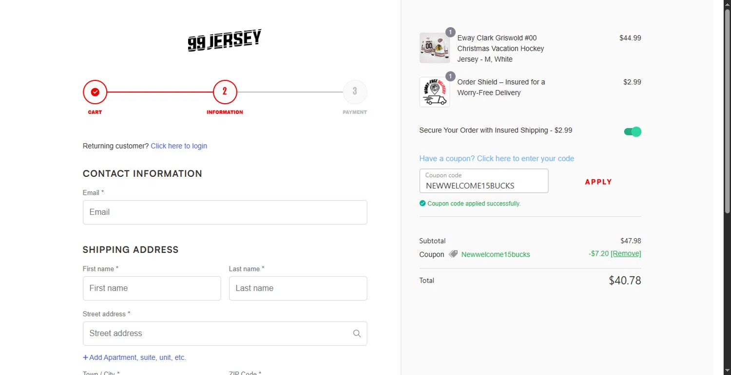 99Jersey promo code screenshot showing code NEWWELCOME15BUCKS applied at 99Jersey checkout page. Uploaded by SimplyCodes community member LlonardoLotes on Jun 8, 2025