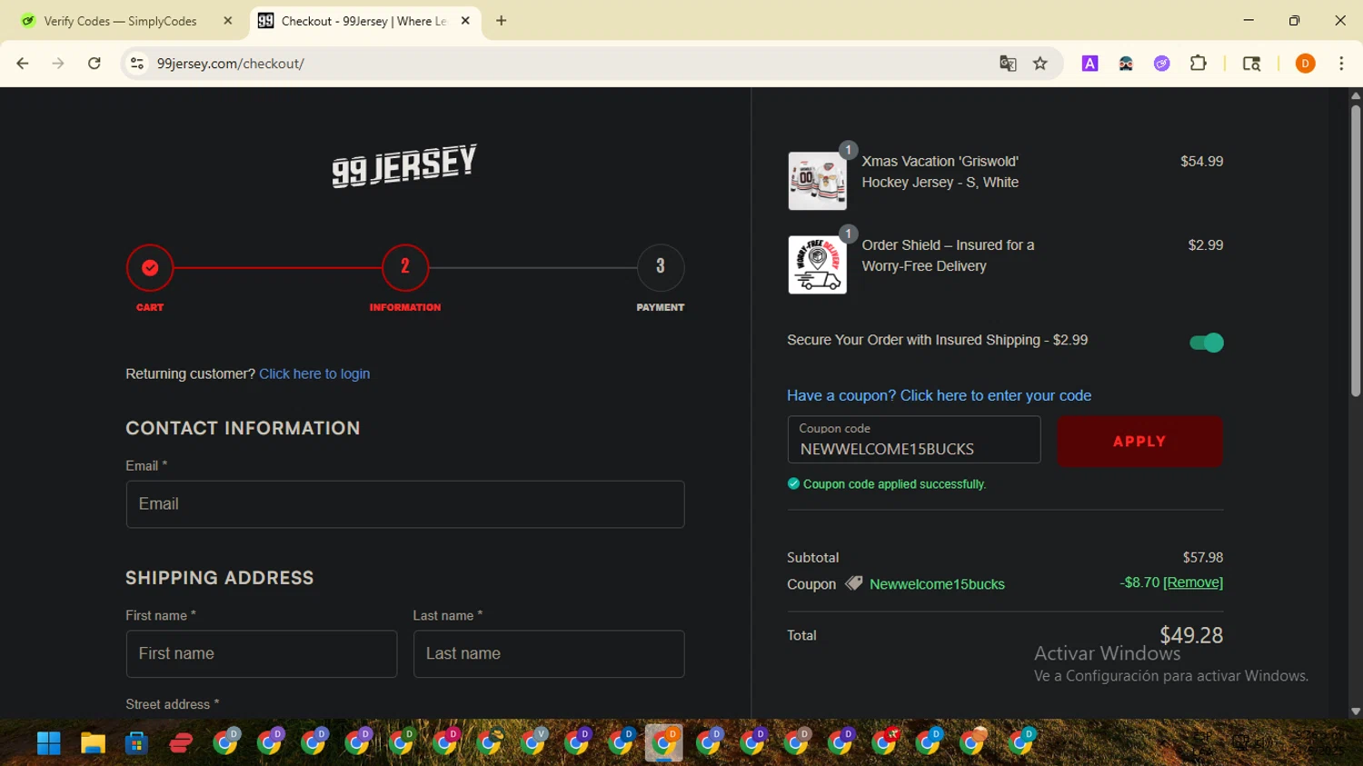 99Jersey promo code screenshot showing code NEWWELCOME15BUCKS applied at 99Jersey checkout page. Uploaded by SimplyCodes community member SavingsMaverick3203 on May 25, 2025