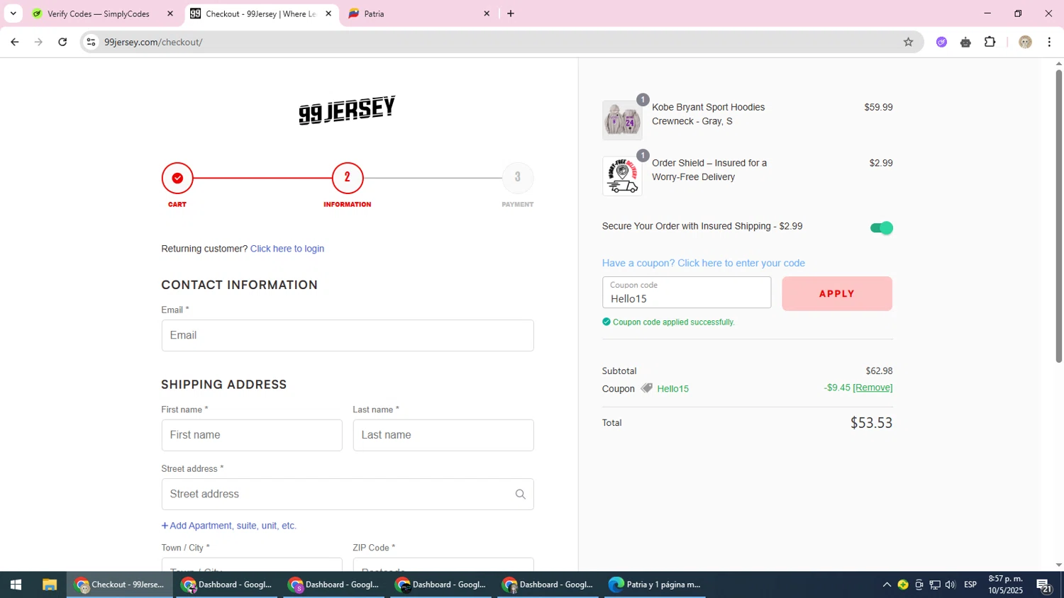 99Jersey promo code screenshot showing code Hello15 applied at 99Jersey checkout page. Uploaded by SimplyCodes community member NobleScholar4826 on May 11, 2025