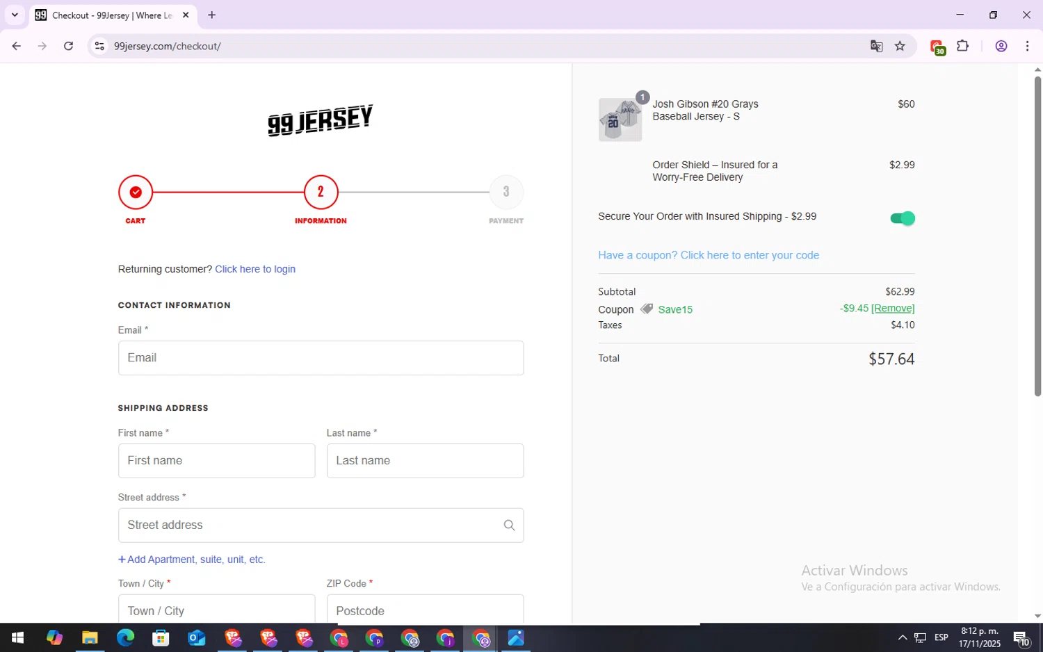 99Jersey promo code screenshot showing code SAVE15 applied at 99Jersey checkout page. Uploaded by SimplyCodes community member Repollito18 on Nov 18, 2025
