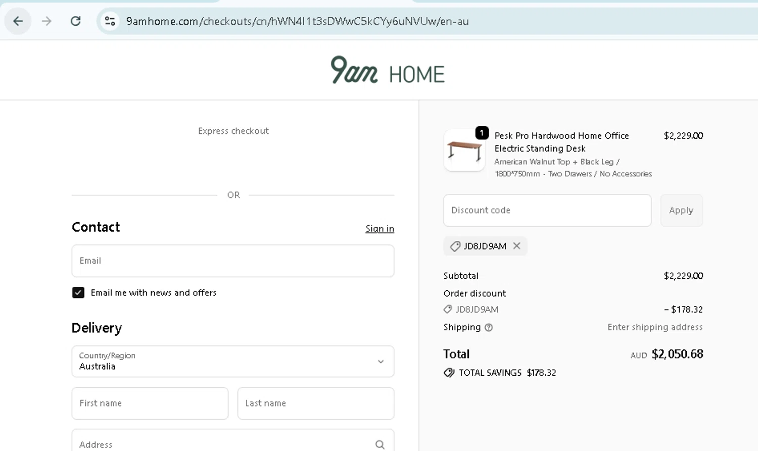 9am HOME promo code screenshot showing code JD8JD9AM applied at 9am HOME checkout page. Uploaded by SimplyCodes community member TokenMonarch796 on Oct 19, 2025