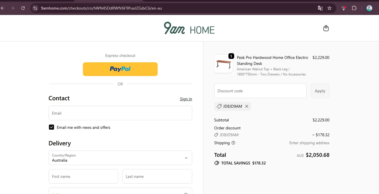 9am HOME promo code screenshot showing code JD8JD9AM applied at 9am HOME checkout page. Uploaded by SimplyCodes community member elgatobravo on Oct 23, 2025