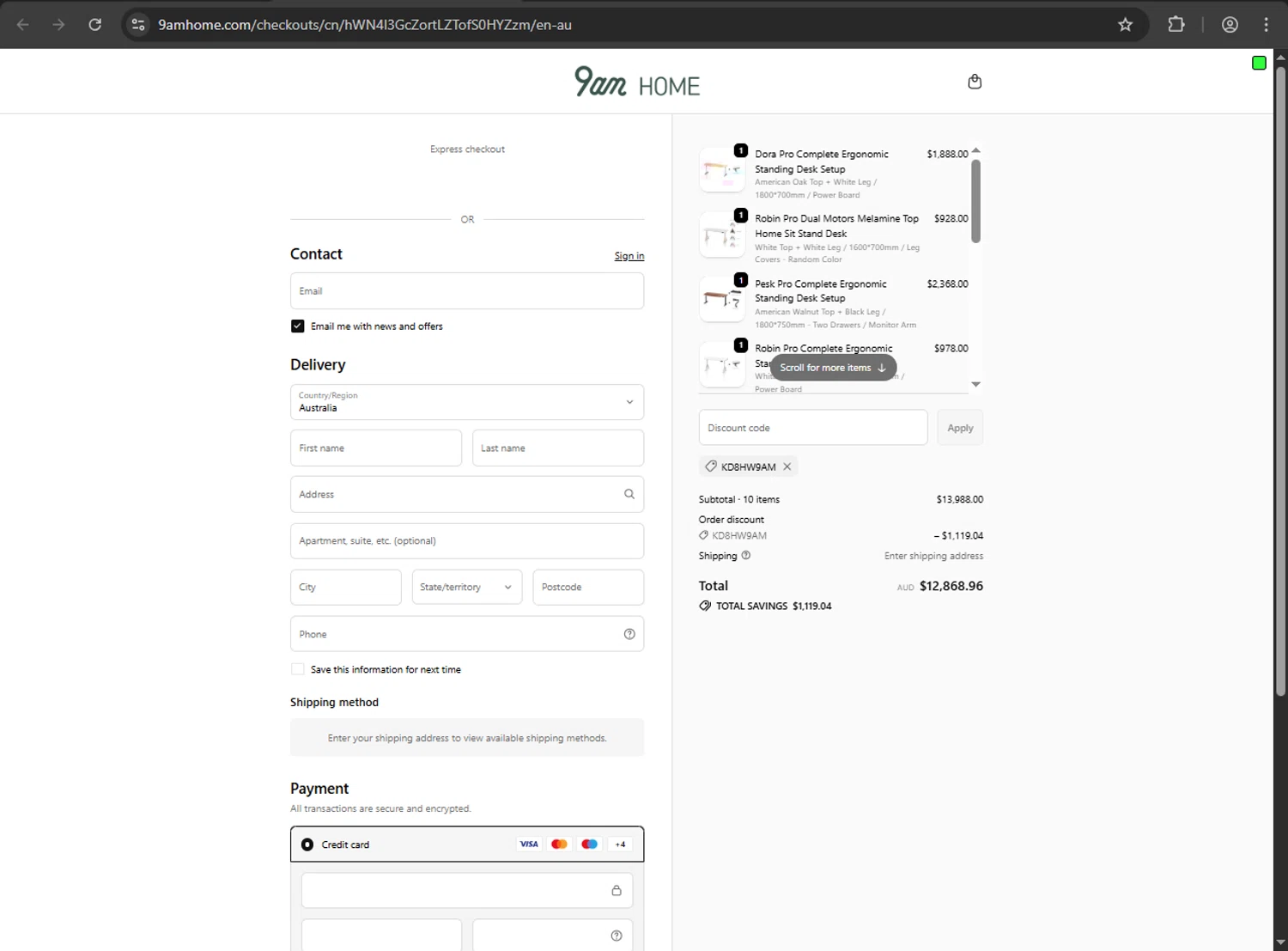 9am HOME promo code screenshot showing code KD8HW9AM applied at 9am HOME checkout page. Uploaded by SimplyCodes community member Niideamrk on Oct 19, 2025