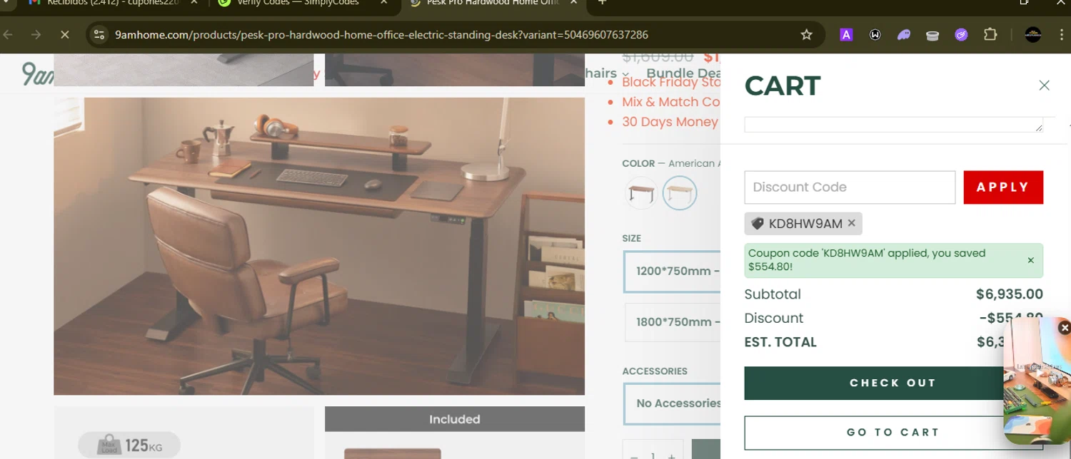 9am HOME promo code screenshot showing code KD8HW9AM applied at 9am HOME checkout page. Uploaded by SimplyCodes community member SilverMonarch6357 on Nov 15, 2025
