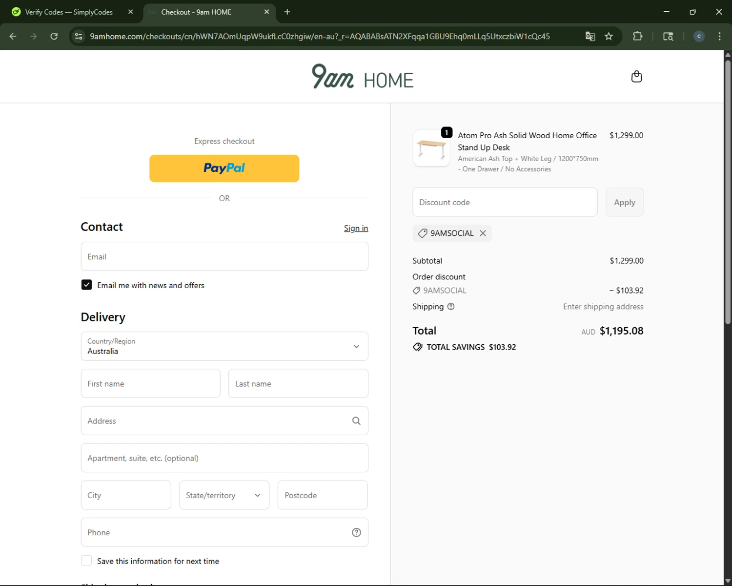 9am HOME promo code screenshot showing code 9AMSOCIAL applied at 9am HOME checkout page. Uploaded by SimplyCodes community member CouponAce2971 on Jan 3, 2026