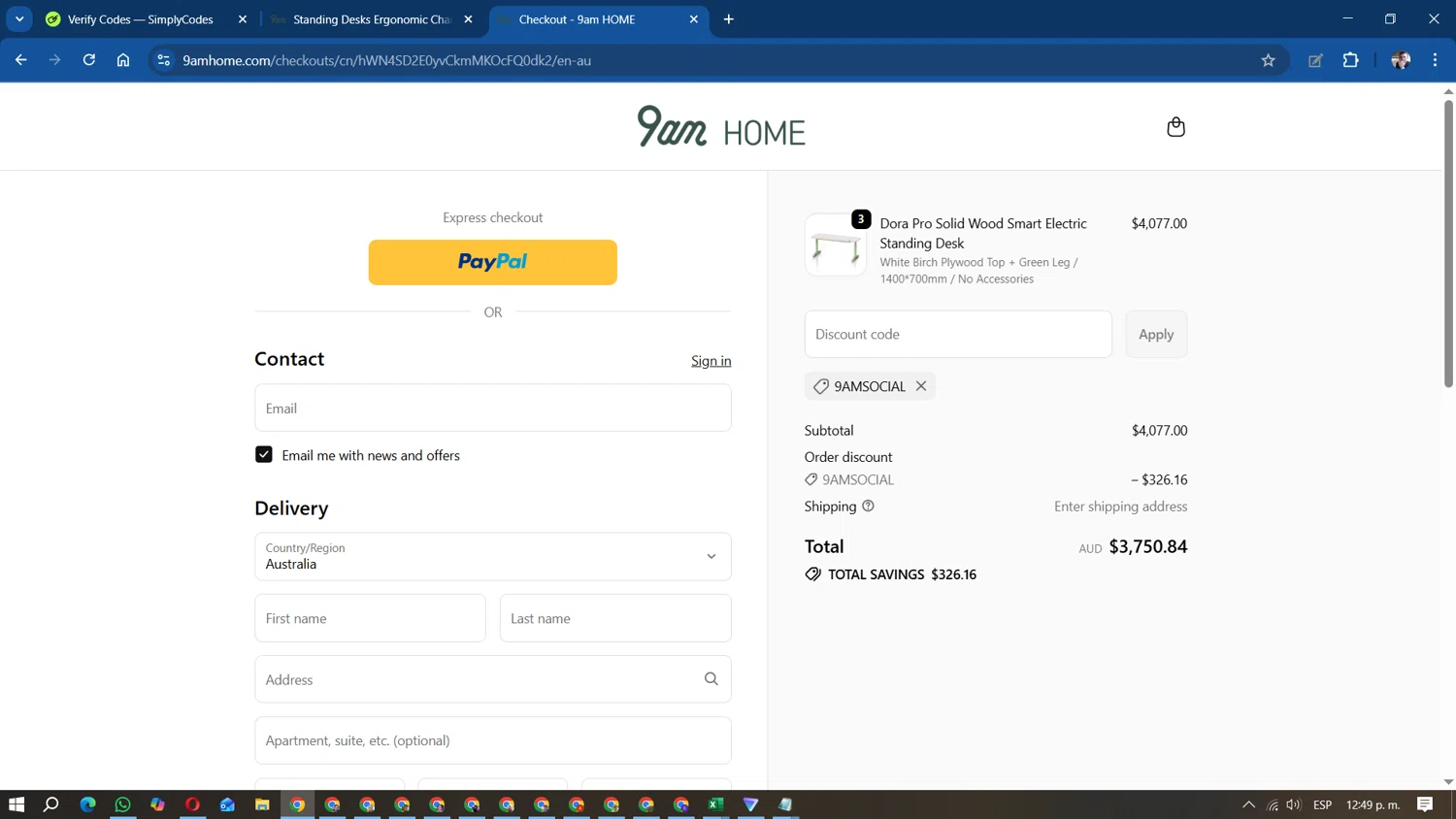 9am HOME promo code screenshot showing code 9AMSOCIAL applied at 9am HOME checkout page. Uploaded by SimplyCodes community member DavidMGF on Oct 23, 2025