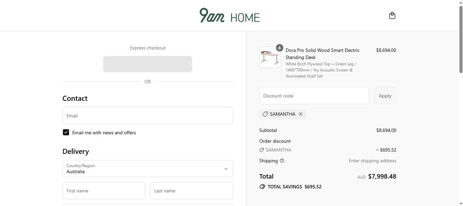 9am HOME promo code screenshot showing code SAMANTHA applied at 9am HOME checkout page. Uploaded by SimplyCodes community member tulomalkovich on Jul 23, 2025