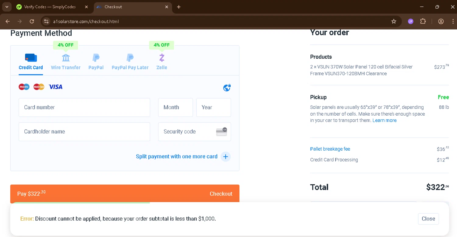 A1 Solar Store promo code screenshot showing code A1COMEBACK30 applied at A1 Solar Store checkout page. Uploaded by SimplyCodes community member CoinSage1043 on Nov 6, 2025