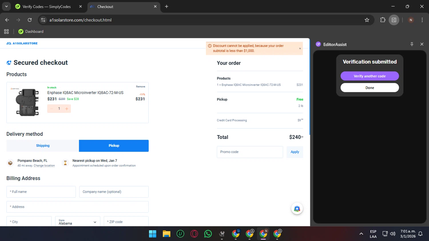 A1 Solar Store checkout page showing A1 Solar Store promo code box | Screenshot taken by SimplyCodes community member on Jan 3, 2026