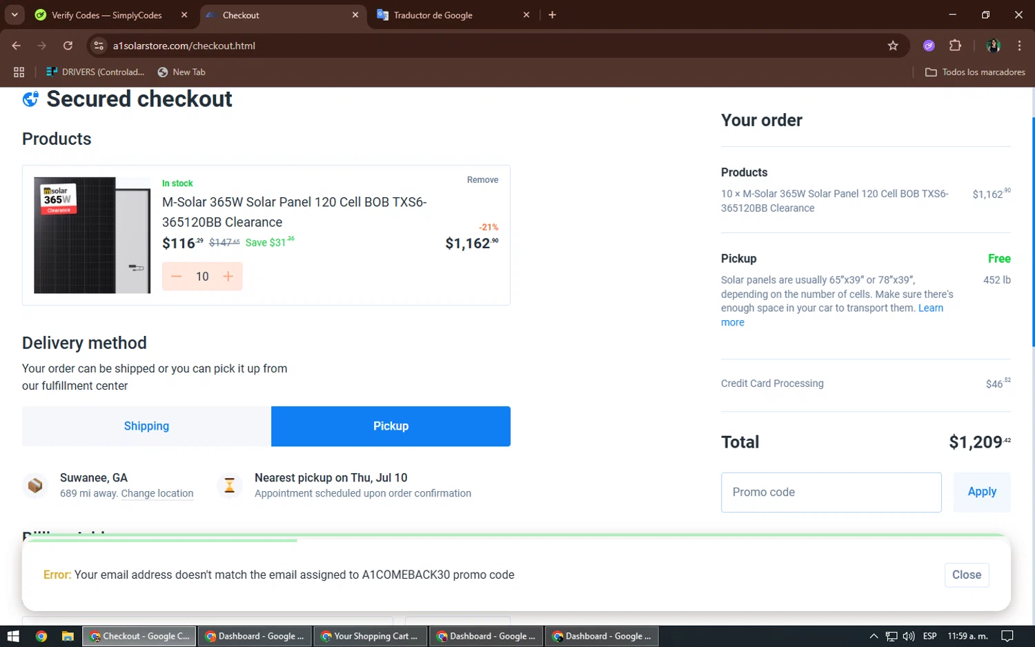 A1 Solar Store promo code screenshot showing code A1COMEBACK30 applied at A1 Solar Store checkout page. Uploaded by SimplyCodes community member TheWizard on Jul 8, 2025