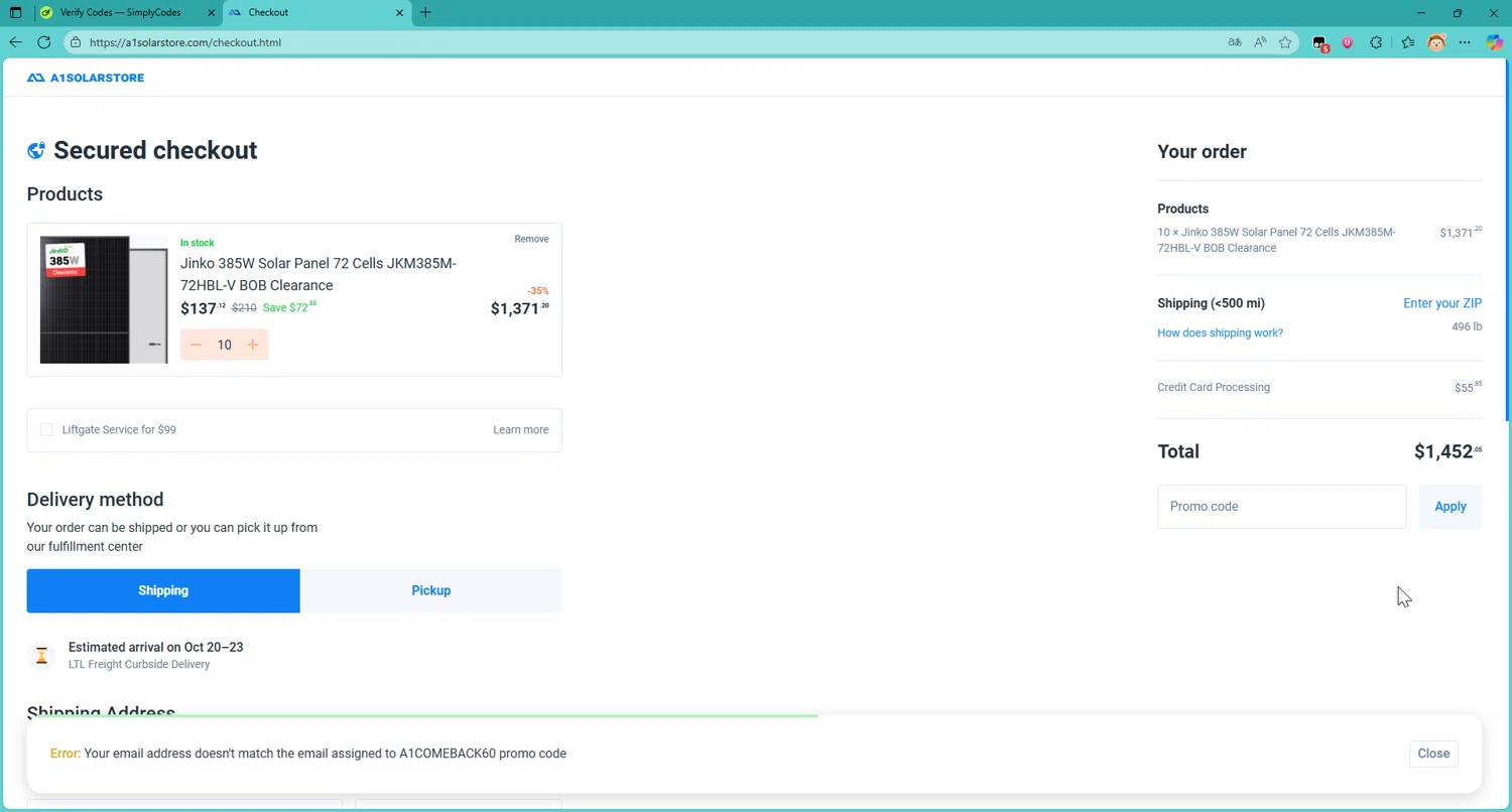 A1 Solar Store promo code screenshot showing code A1COMEBACK60 applied at A1 Solar Store checkout page. Uploaded by SimplyCodes community member DonutPunks on Oct 10, 2025