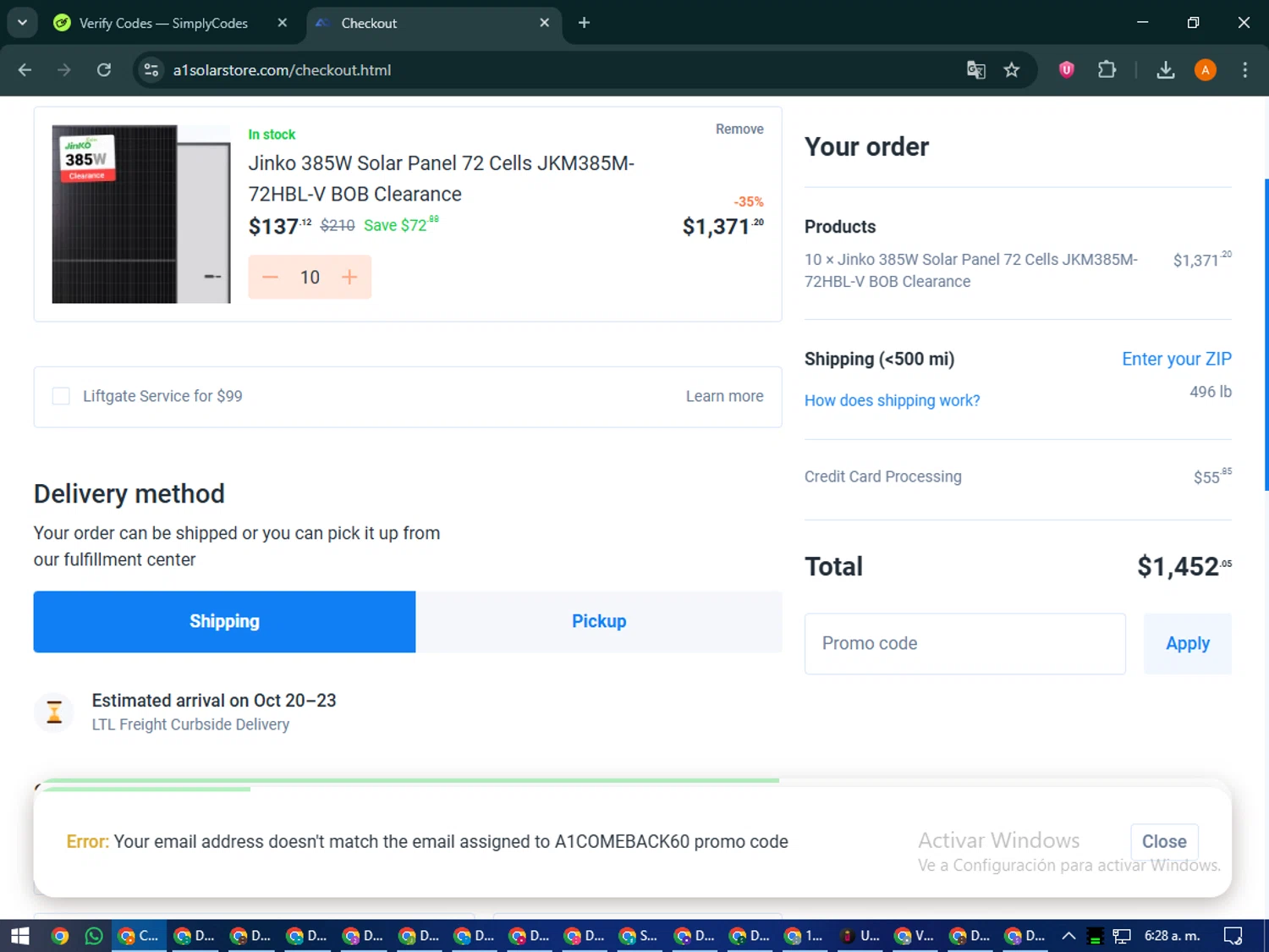 A1 Solar Store promo code screenshot showing code A1COMEBACK60 applied at A1 Solar Store checkout page. Uploaded by SimplyCodes community member MoneyPhoenix4664 on Oct 10, 2025