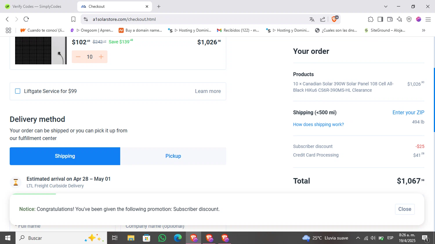 A1 Solar Store promo code screenshot showing code A1SOLAR25 applied at A1 Solar Store checkout page. Uploaded by SimplyCodes community member Kimberly on Apr 19, 2025