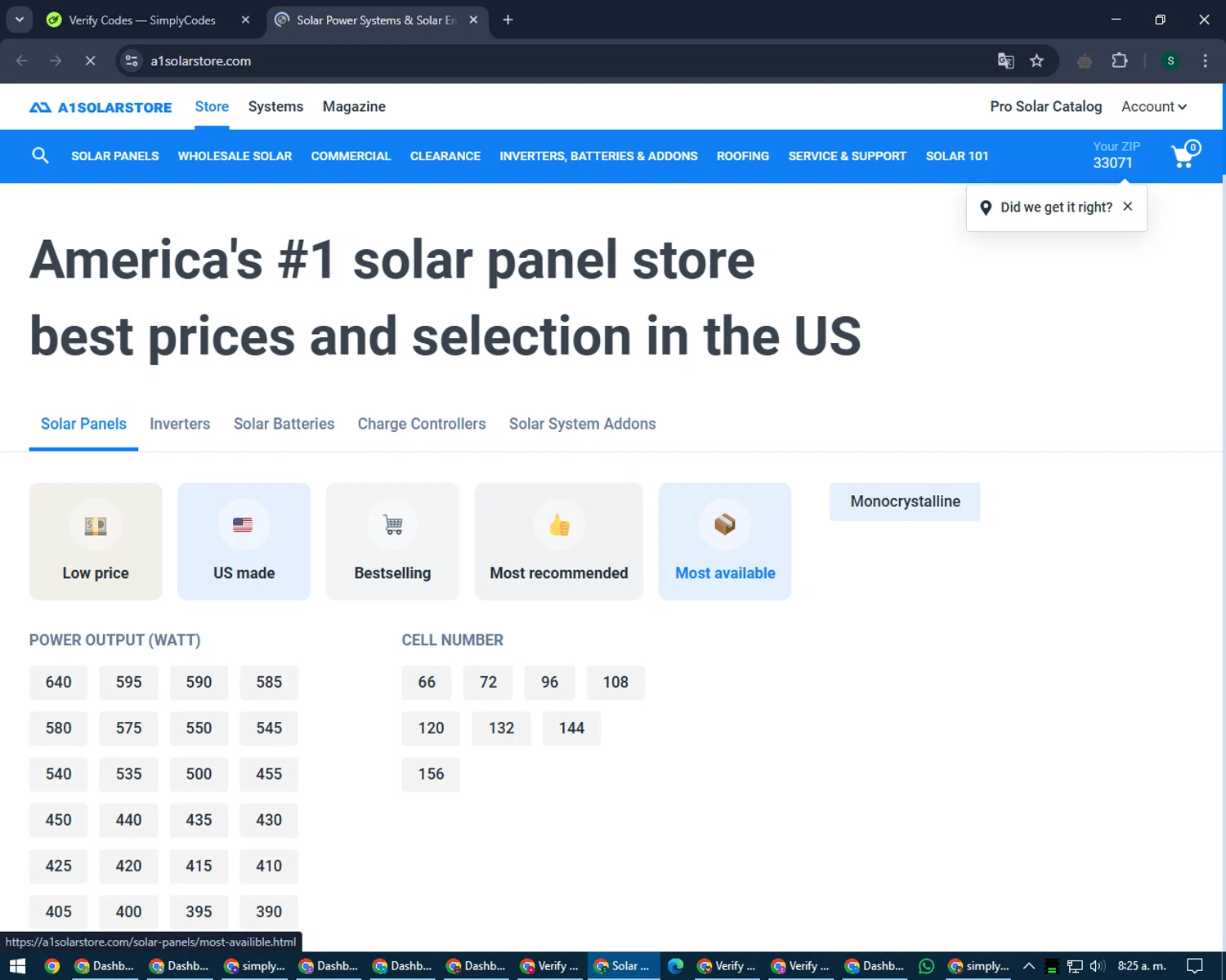 A1 Solar Store promo code screenshot showing code A1SOLAR25 applied at A1 Solar Store checkout page. Uploaded by SimplyCodes community member lilMosey on Apr 19, 2025