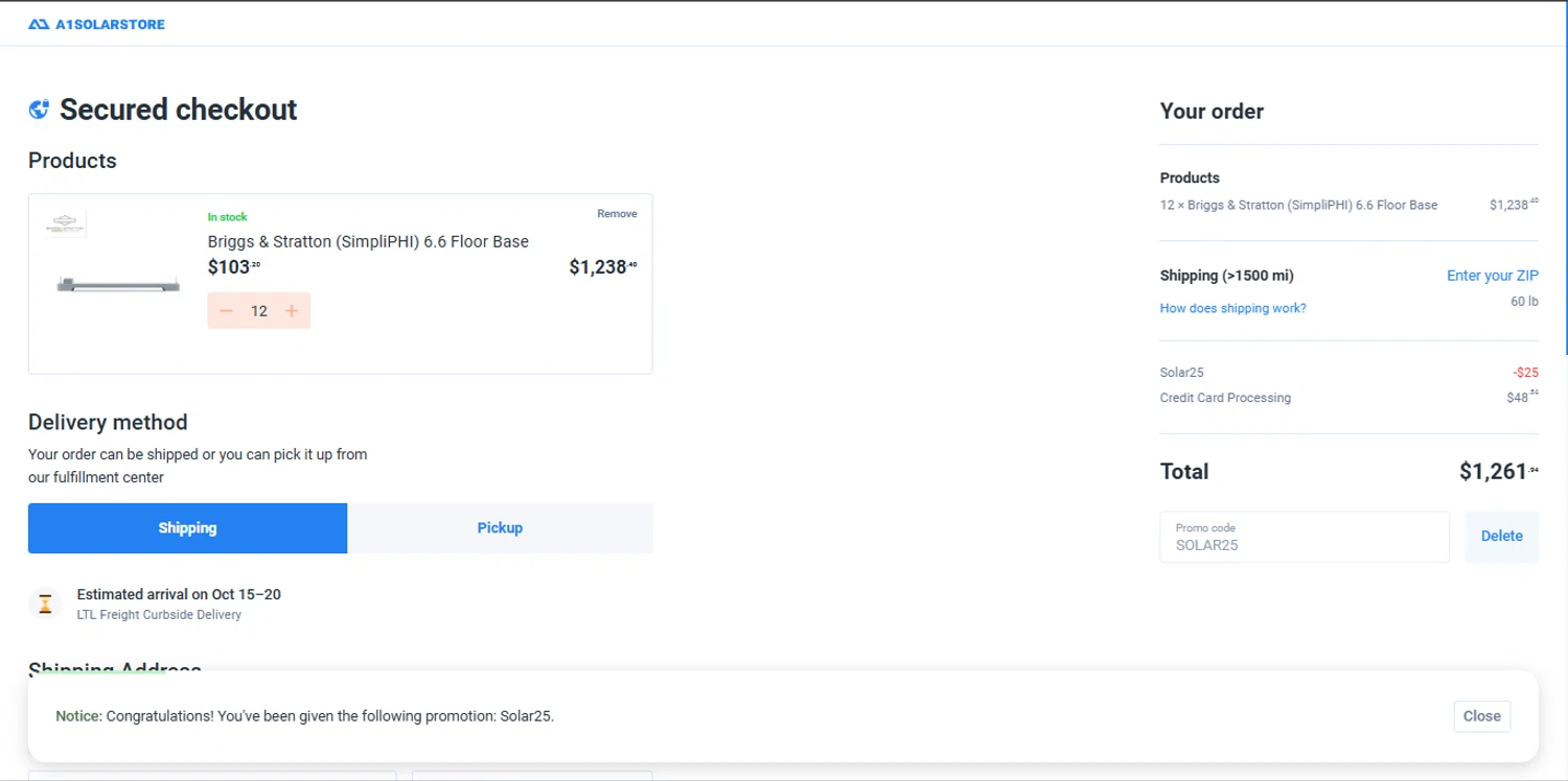 A1 Solar Store promo code screenshot showing code SOLAR25 applied at A1 Solar Store checkout page. Uploaded by SimplyCodes community member _Capi_ on Oct 3, 2025