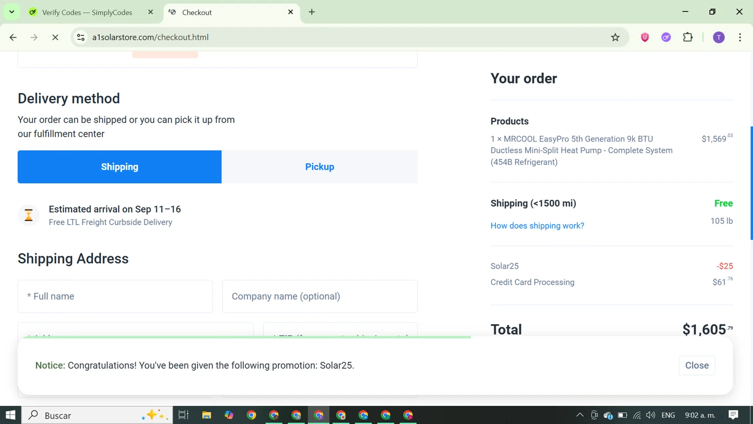A1 Solar Store promo code screenshot showing code SOLAR25 applied at A1 Solar Store checkout page. Uploaded by SimplyCodes community member FortunateCurator5882 on Sep 4, 2025