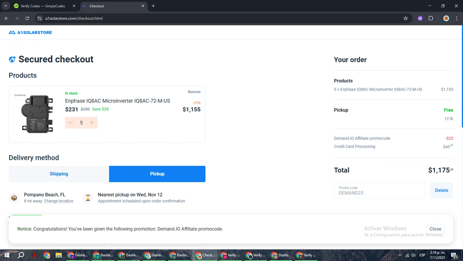 A1 Solar Store promo code screenshot showing code DEMAND25 applied at A1 Solar Store checkout page. Uploaded by SimplyCodes community member BonusCaptain9927 on Nov 7, 2025