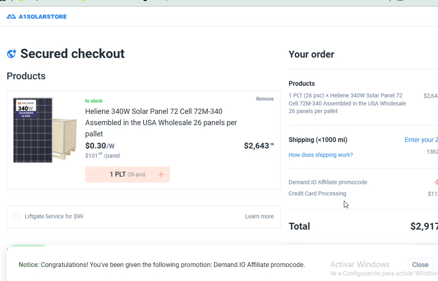 A1 Solar Store promo code screenshot showing code DEMAND25 applied at A1 Solar Store checkout page. Uploaded by SimplyCodes community member Sheele_Icon on Nov 7, 2025