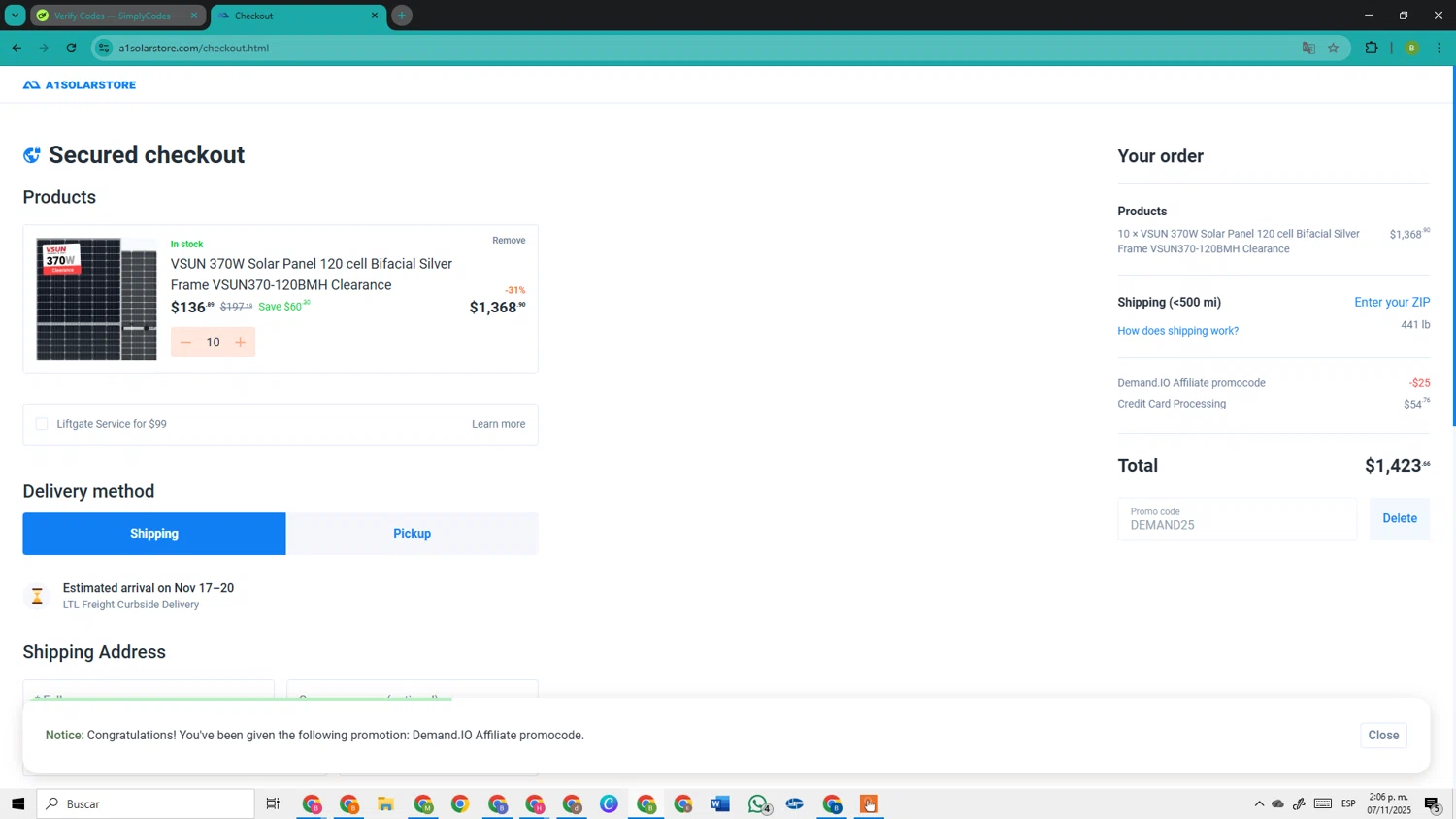 A1 Solar Store promo code screenshot showing code DEMAND25 applied at A1 Solar Store checkout page. Uploaded by SimplyCodes community member TokenOwl8222 on Nov 7, 2025