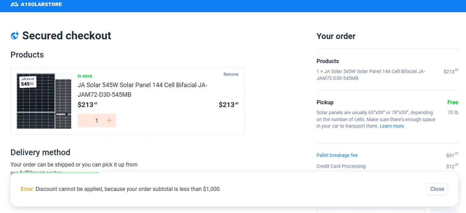 A1 Solar Store promo code screenshot showing code A1COMEBACK30 applied at A1 Solar Store checkout page. Uploaded by SimplyCodes community member ashe1986 on Jul 8, 2025