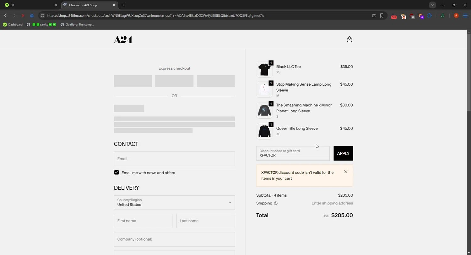 A24 Shop discount code screenshot showing code XFACTOR applied at A24 Shop checkout page. Uploaded by SimplyCodes community member SavvyFinder1532 on Nov 13, 2025