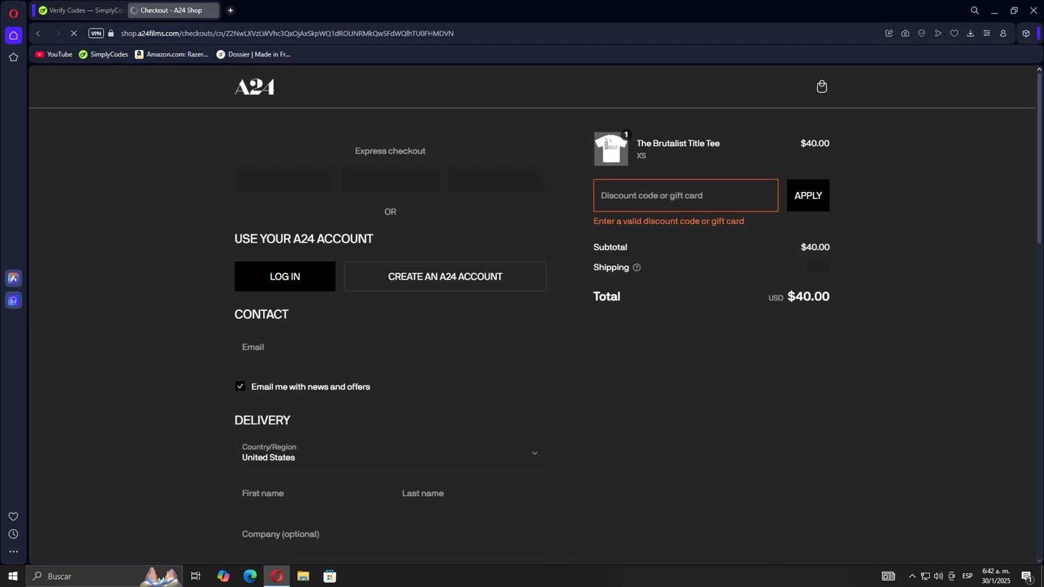 A24 Shop discount code screenshot showing code WELCOME20 applied at A24 Shop checkout page. Uploaded by SimplyCodes community member Gojira on Jan 30, 2025